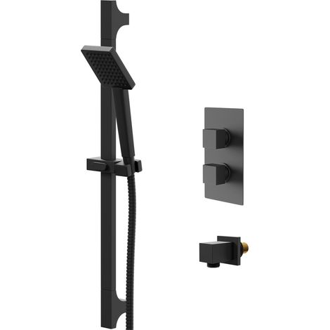 Colore Square Matt Black Concealed Twin Thermostatic Shower Valve with Square Slide Rail Kit and Square Elbow - 1 Outlet (1/5)