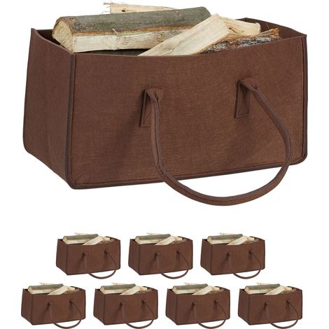 8x Borsa Portalegna per Camino in Feltro Cesto Portatile Portariviste Pieghevole HxLxP: 25x25x50 cm, Marrone