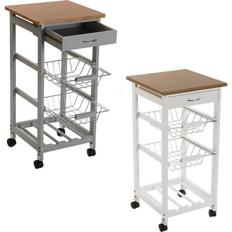 Carrello slim da cucina in legno porta frutta verdura bottiglia di vino stretto 2 cestini e cassetto ripiano salvaspazio - colorigenerali: GRIGIO (1/5)