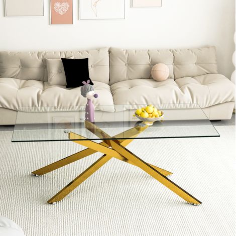 Tavolino da salotto 120x60x46 cm in vetro temperato e metallo dorato - MEUBLIV (1/5)