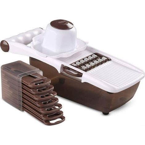 Cortador de verduras multifuncional, mandolina con 8 cuchillas intercambiables de acero inoxidable, ideal para verduras y frutas. (1/5)