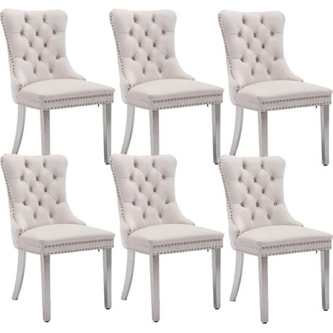 Esszimmerstühle 6er Set Samt Beige mit Nieten und Edelstahlbeinen (1/5)
