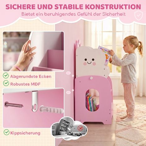 Étagère modulaire 3-en-1 pour enfants avec rangement jouets, bibliothèque à 4 poches et 3 niveaux, table de chevet rose (1/5)