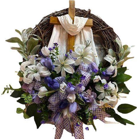 Guirlande Croix De Paques - Guirlande En Rotin Naturel - 45 Cm - Rubans Lavande Et Blanc - Décoration Pour Rassemblements Chrétiens - 1 Pièce (1/5)