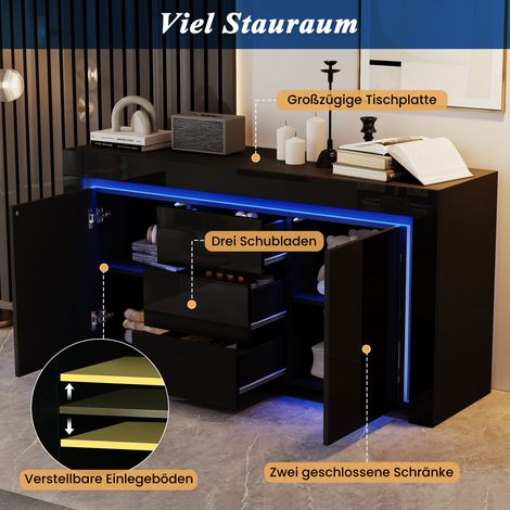 Commode contemporaine noire laquée brillante (140x40x65 cm), 3 tiroirs + 2 portes, meuble TV ou rangement pour entrée, salon, bureau, avec lumière LED intégrée, design moderne et élégant. (1/5)