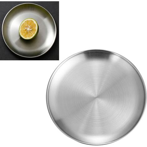 Plat à pizza rond en acier inoxydable, diamètre 30 cm, assiette plate ronde en métal brossé pour gâteaux, desserts, fruits et cuisine occidentale