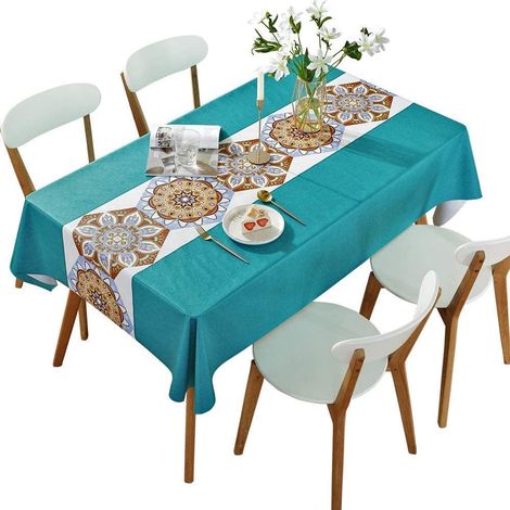 Nappe rectangulaire antitache, toile cirée rectangulaire, nappe en plastique, grande nappe, linge de table pour pique-nique, extérieur, jardin, bleu lac (140