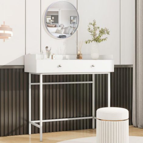 Coiffeuse, miroir et 1 tiroir, 4 pieds en métal, 95 x 40 x 93 cm, style minimaliste, coiffeuse, coiffeuse, commode, blanc