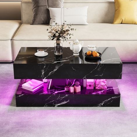 Mesa baja moderna con luces LED, Mesa de salón, 2 cajones, Mesa auxiliar, 100x50x45 cm, Mueble de almacenamiento, Negro (1/5)