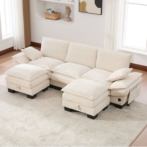 Modulares 3-Sitzer-Sofa 260x132x84 cm Beige Cord mit 2 Hockern, USB-C und Seitentaschen (1/5)