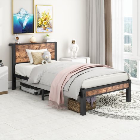 Cadre de lit métallique 90x200 cm avec tête de lit à rangement, sommier plateforme unique, silencieux, base métal marron vintage, sans ressort nécessaire