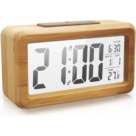 Réveil Numérique en Bois, Grand écran LED, Veilleuse à Capteur Intelligent, Fonction de Répétition et De Température, à Piles, Réveil Cuboïde pour Chambre, Chevet de Bureau (1/4)