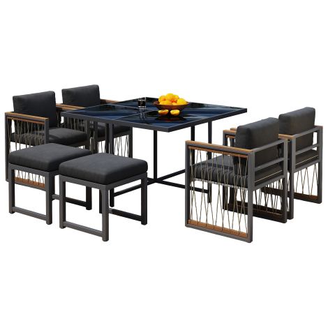 Salon de jardin 7 pièces table verre trempé chaises accoudoirs bois composite repas arrière-cour terrasse noir 6 personnes 150x90x75cm (1/5)