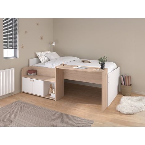 Letto combinato 90 x 190/200 cm Naturale e bianco + Rete + Materasso - MIVONA (1/4)