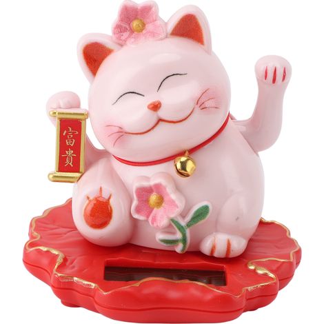 Ortviai Chat Porte-Bonheur Solaire en ABS Rose avec Bras Mobile – Décoration pour Bureau, Voiture et Intérieur (1/5)