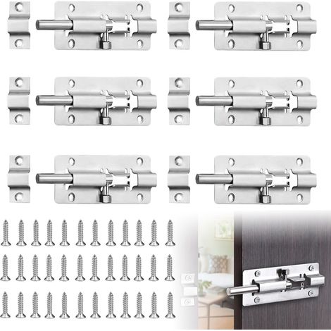 Lot de 6 verrous de porte en acier inoxydable - Verrou coulissant - Verrou de porte - Verrou de serrure pour porte de jardin, salle de bain, abri de jardin (1/5)