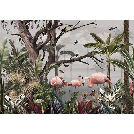 Papier peint panoramique - Forêt Tropicale Flamants Roses - 130 cm x 91 cm (1/2)