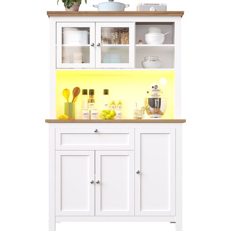 Meuble de cuisine (104×40×180 cm), meuble haut de cuisine, vitrine, buffet avec étagères réglables, buffet bas avec éclairage LED, couleurs de lumière variables, blanc (1/5)