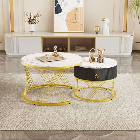 Mesa de centro nido juego de 2 MDF blanco efecto mármol, con cajón y patas ajustables (1/5)
