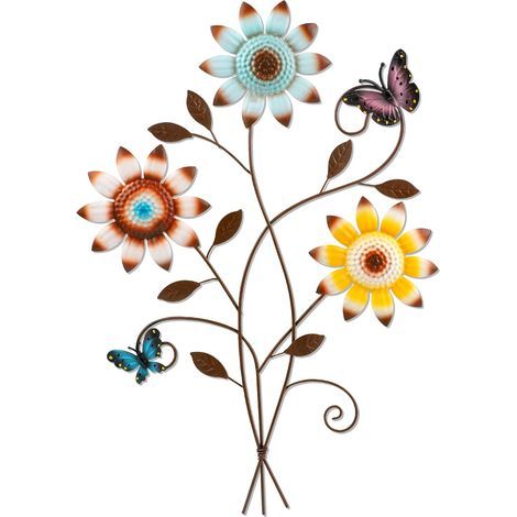 Décoration murale en métal représentant un tournesol et un papillon. Art mural extérieur coloré en 3D. Décoration de clôture pour patio, terrasse, véranda, salon, balcon, maison de campagne. Fleurs en (1/5)