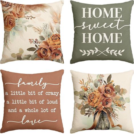 Lot de 4 housses de coussin 45x45cm, motif floral eucalyptus – tons terracotta et sauge, décoration saisonnière pour canapé (1/5)