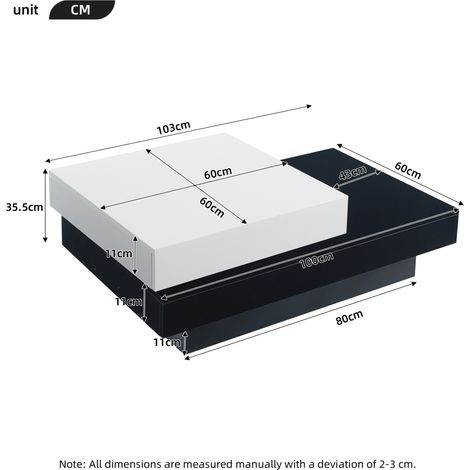 Mesa de centro 103x60x35,5 cm negra y blanca, tablero giratorio, 2 niveles, MEUBLIV (1/5)