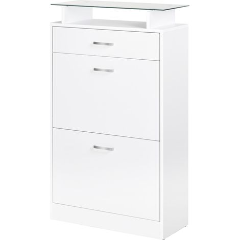 Homcom armoire à chaussures meuble rangement chaussures 2 portes abattantes 2 compartiments, tiroir, plateau en verre - bois chêne blanc