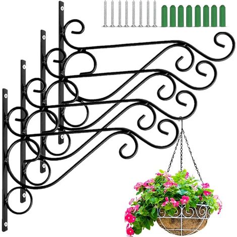 4 Pièces Supports pour Panier Suspendu, 25CM x 20CM Crochet Mural en Métal pour Panier Suspendu Extérieur avec Vis pour Mangeoire à Oiseaux, Lanterne, Carillon, Jardinière, Pot de Fleurs