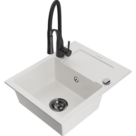 Mexen Enzo lavello in granito a 1 vasca con gocciolatoio e miscelatore cucina Aster, bianco - 6506-20-73450-70-B (1/5)