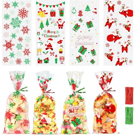 120pcs Sachet Biscuit Noel, Sachets Transparents pour Biscuits Sachet Bonbon Plastique, Sachet Alimentaire Cellophane Sacs de Cadeau Noel avec Cravates Torsadées pour Patisserie Gateau Chocolat