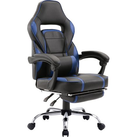 Fauteuil de Gamer Noir et Bleu, Chaise Gaming, siège de Bureau Ergonomique, Soutien Lombaire, Appui-tête, Pivotant, Hauteur réglable, Dossier inclinable, Repose-Pieds télescopique (1/5)