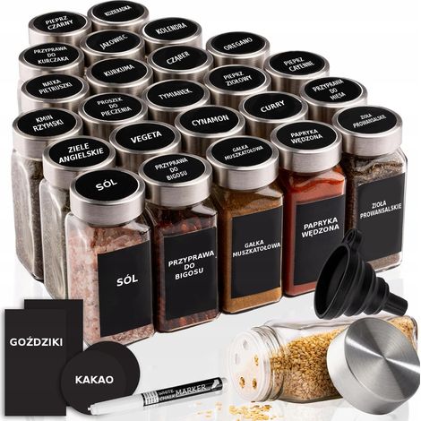 Set di 24 barattoli di vetro da 120 ml per spezie + imbuto + pennarello + etichette (1/5)
