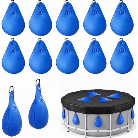 Sac Lestage Eau pour Couverture de Piscine, 12 Pièces Sacs d'eau de Piscine PVC avec Crochets, Sac de Lestage Hivernage Piscine Hors Sol, Accessoires pour Couverture de Piscine, 35 x 24 cm (Bleu)