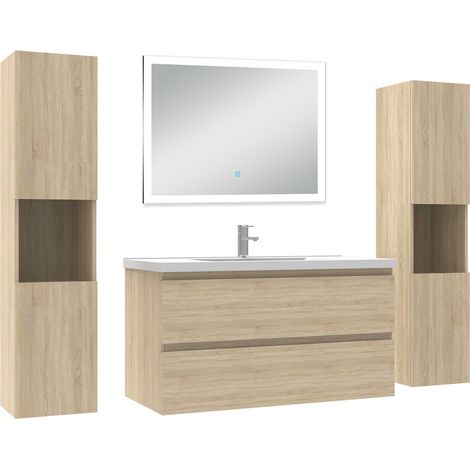 Acezanble Ensemble meuble Salle de Bain 100cm avec colonne + miroir lumineux dimmable chêne wotan