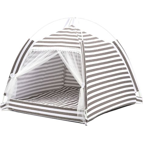 Tente de couchage chaude pour animaux de compagnie, amovible en coton et lin, intérieur pour chats, chiens, animaux de petite et moyenne taille, rayures grises (1/5)