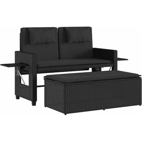 vidaXL Reclining Garden Bench with Cushions Black Poly Rattan