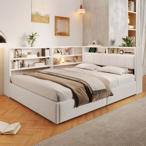 Lit banquette 140 x 200 cm, lit coffre avec rangement hydraulique, prise électrique, USB, éclairage LED, côtés de rangement modulables, velours blanc (1/5)
