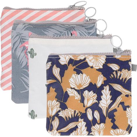 Lot de 4 pochettes à fermeture éclair pour serviettes hygiéniques et tampons, pour femmes et jeunes filles (Cactus, Flamant rose, Fleur, Rayures, 1 de chaque).-13.00X13.00X1.00CM