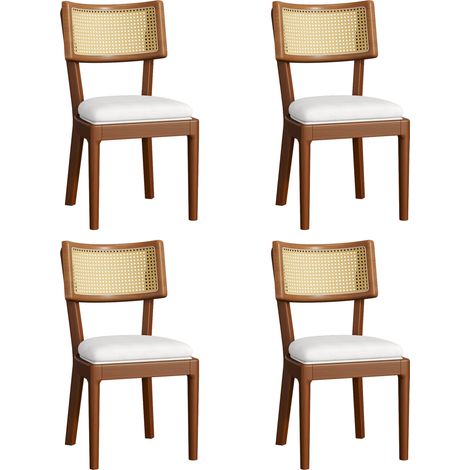 Set 4 sedie da pranzo in legno con schienale in rattan e seduta in lino noce (1/5)