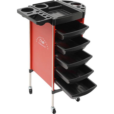 Chariot de salon 6 étages rouge et noir avec 5 tiroirs extractibles et 4 roulettes silencieuses – Acier inoxydable – Gain de place – Auto-assemblage