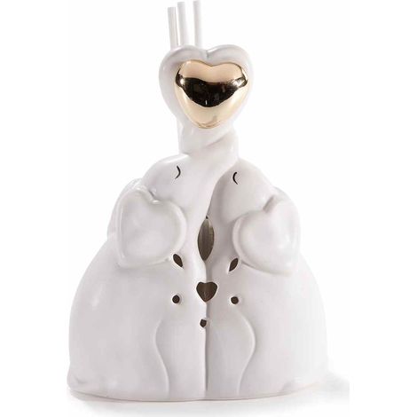 Profumatore in porcellana a forma di coppia di elefanti con cuore oro, intagli e stick per diffusore di profumo, set da 4 pezzi, cm 9,5 x 5 x 12 H