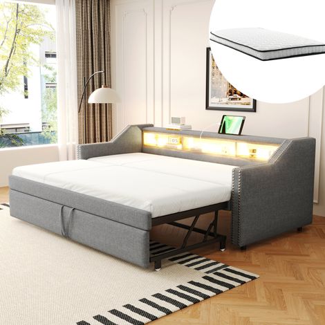 Sofá cama 90/180x190 cm gris claro con cajones, LED, USB y somier de lamas (1/5)