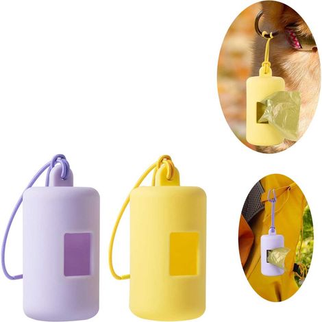 Distributeur de sacs à crottes pour chien 2 pièces en silicone jaune et violet avec sachets inclus (1/5)