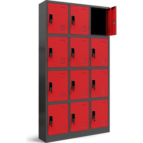 Jan Nowak Wertfachschrank 3B4A Fächerschrank Schließfachschrank mit 12 Fächern Metallspind Umkleideschrank Stahlblech Pulverbeschichtung Farbwahl 185 cm x 90 cm x 40 cm (H x B x T) Anthrazit/Rot (1/3)