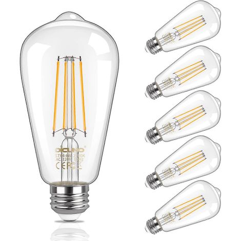 Ampoule LED ST64 Edison équivalente à 60 W, blanc chaud 2700 K, style filament vintage, culot E26, lot de 6, compatible avec la plupart des luminaires à douille E26, 15 000 heures (1/5)