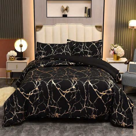 Bettwäsche Set 220x240 cm Schwarz Gold Marmor Optik Mikrofaser mit Reißverschluss