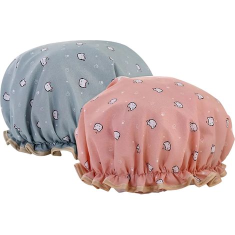 Bonnet de bain, grand bonnet de bain pour femmes aux cheveux longs, bonnet de douche imperméable double couche réutilisable, bleu et rose chaton (1/5)
