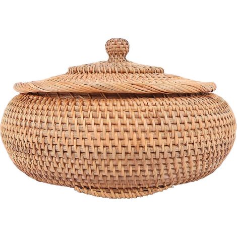 Boîte en rotin avec couvercle, plateau en osier tressé à la main, polyvalent, en fibre de rotin durable, rond, 28 cm de diamètre. (1/5)