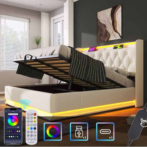Polsterbett 140/200 cm weiß aus PU mit LED, USB-C und hydraulischem Stauraum (1/5)