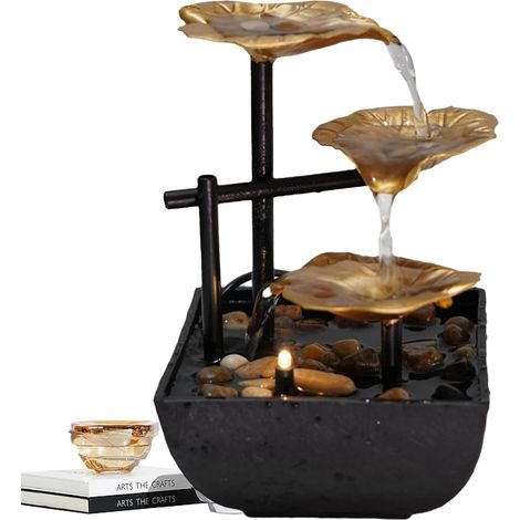 Fontaine de Bureau d'intérieur,Cascade Ornements d'eau Courante,Décor de Table Zen Moderne en Métal,avec Lumières LED,pour la Décoration de la Maison,L'ameublement de Bureau,Chambre (Or) (1/5)